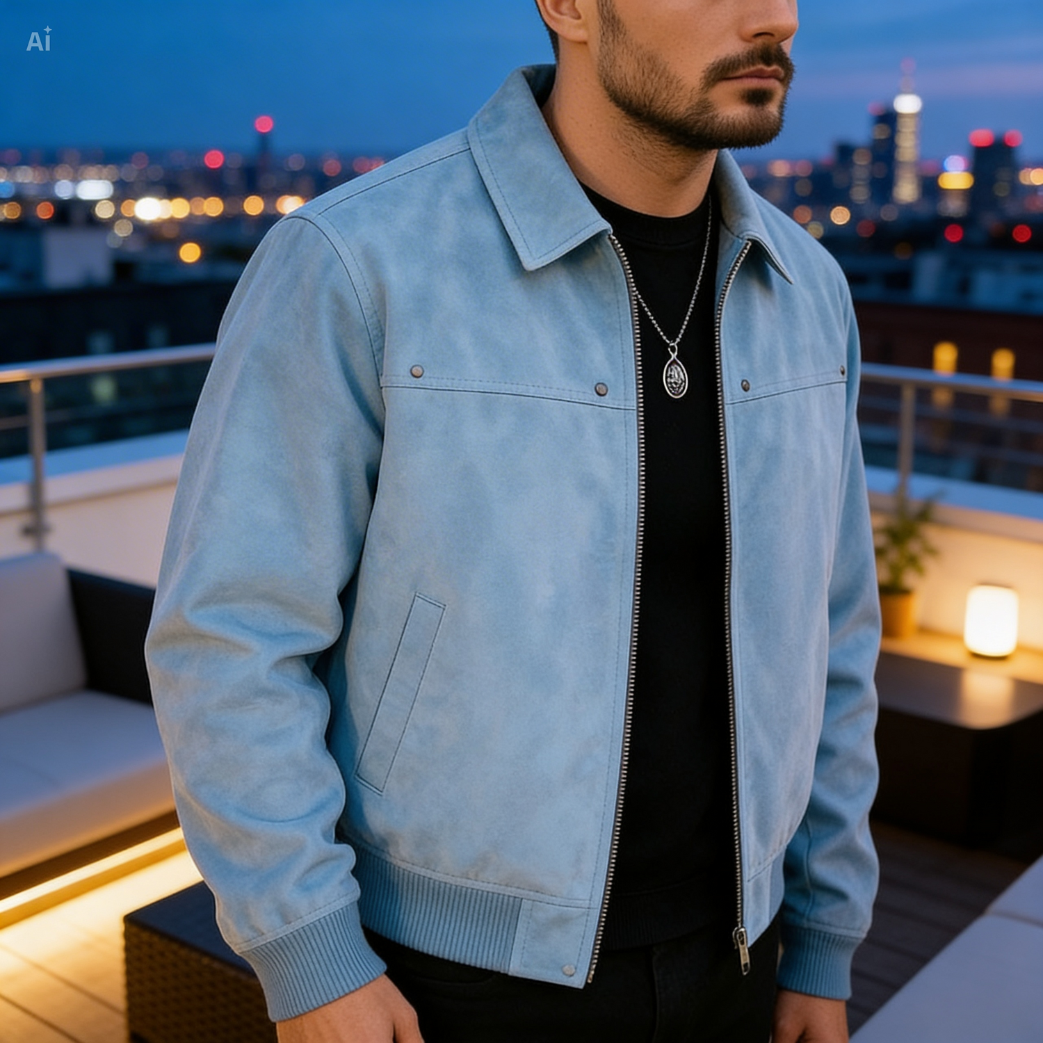Man wearing a light blue jacket on a rooftop with cityscape background