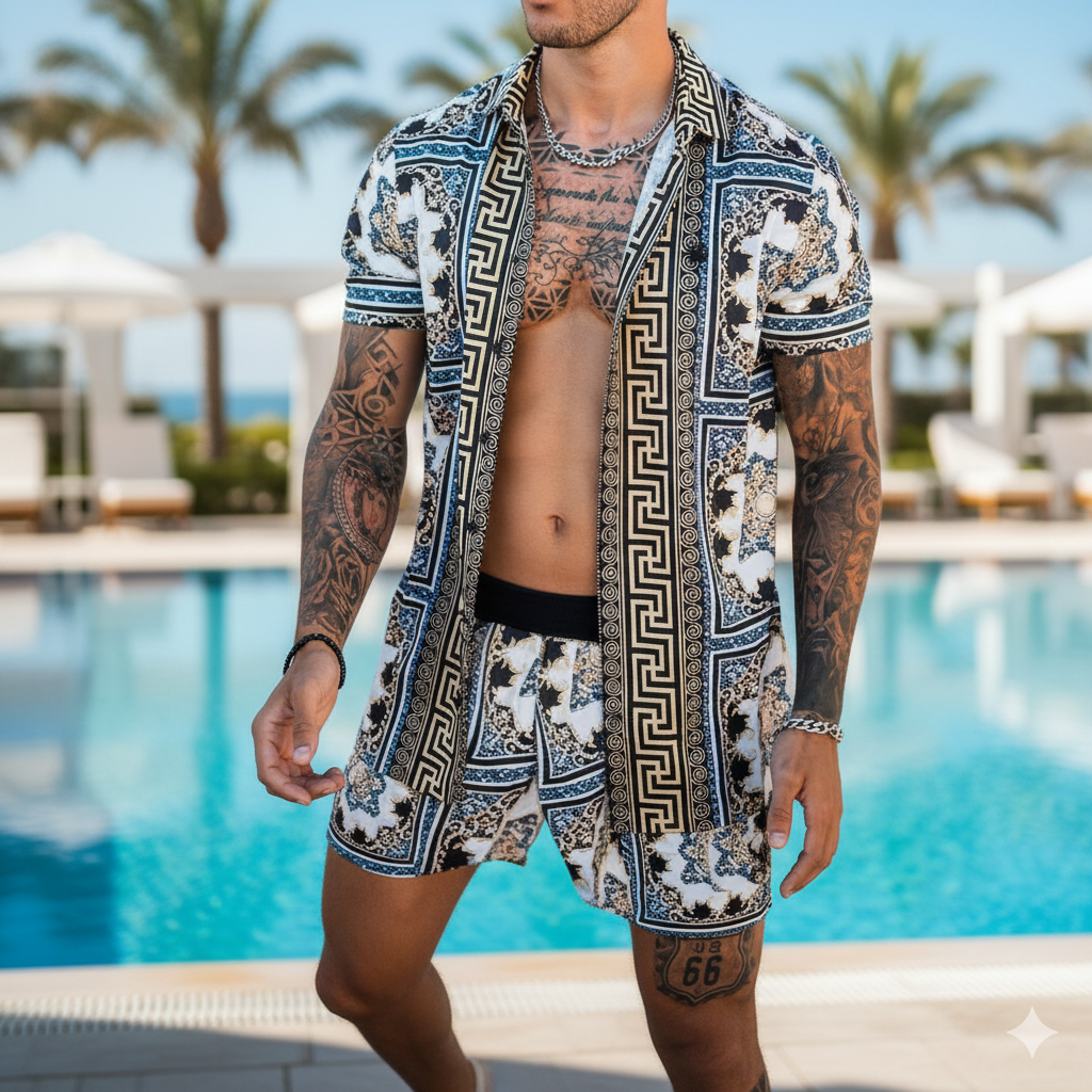 Man wearing a patterned shirt and shorts by a poolside with palm trees in the background