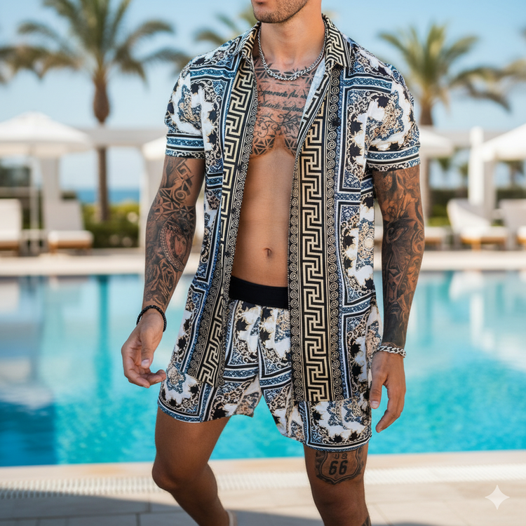 Man wearing a patterned shirt and shorts by a poolside with palm trees in the background