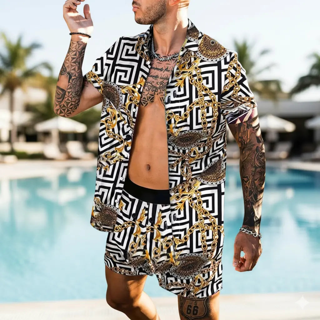 Man wearing a patterned shirt and shorts with gold chains by a poolside.