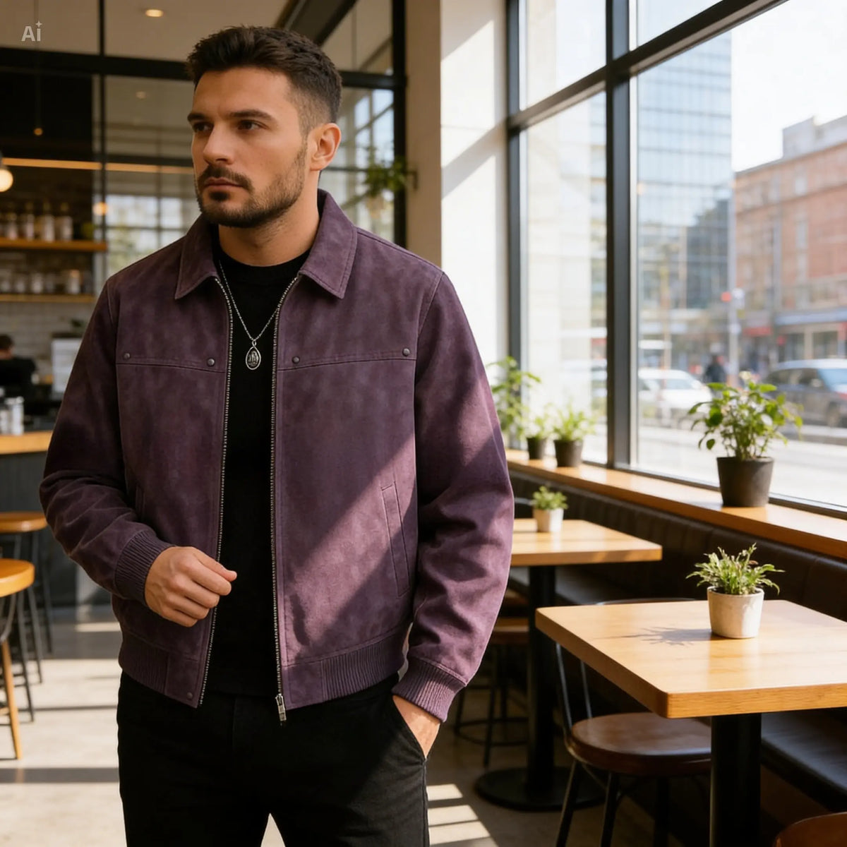 Man wearing a purple jacket in a cafe setting