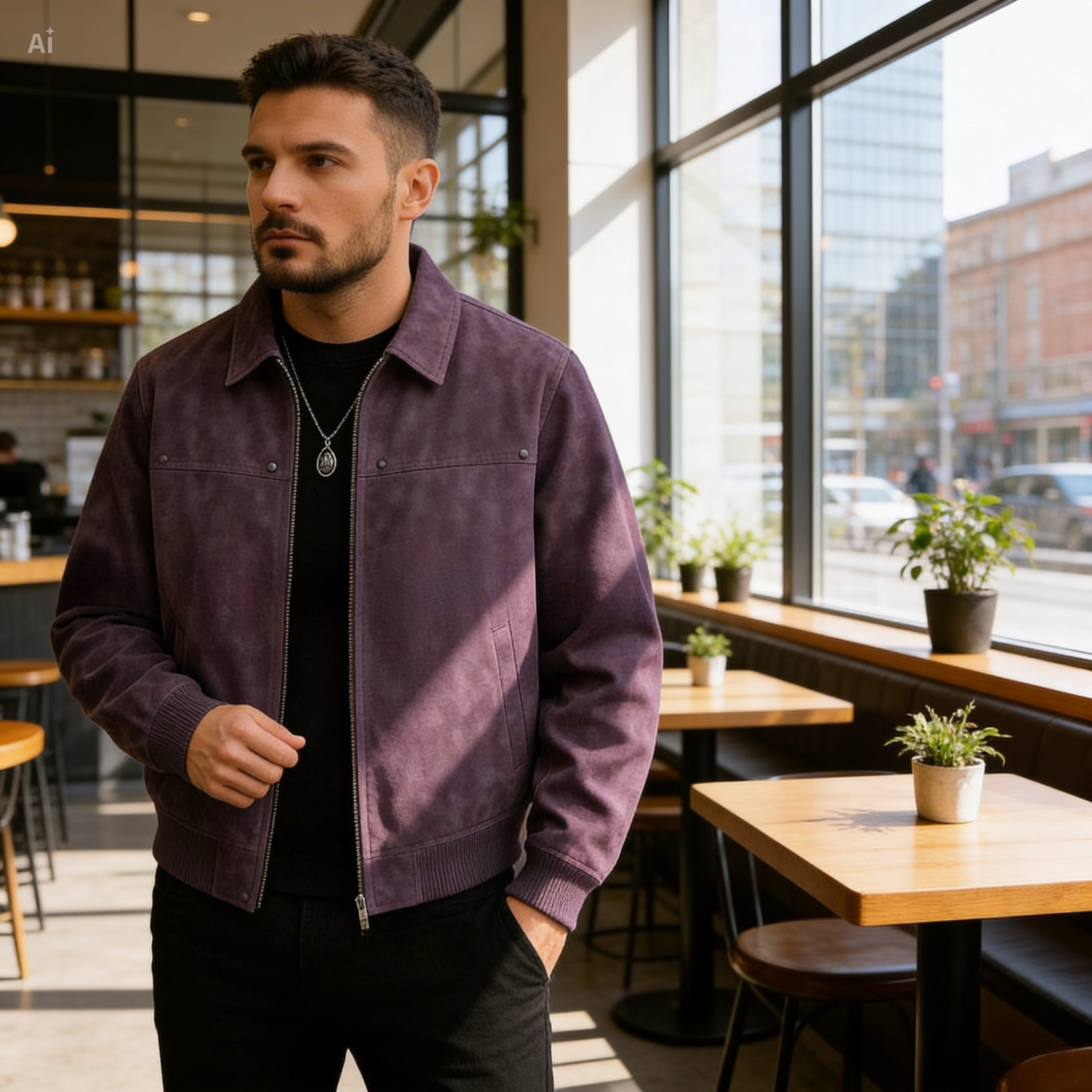 Man wearing a purple jacket in a cafe setting