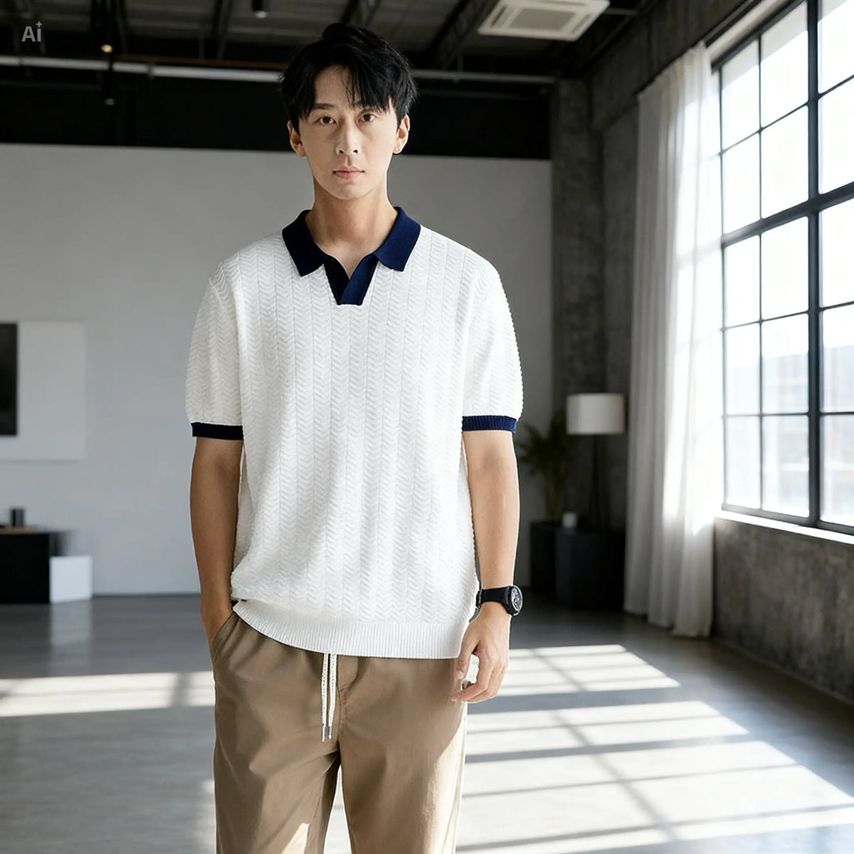 Man wearing a white sweater with navy accents and beige pants in a modern room.