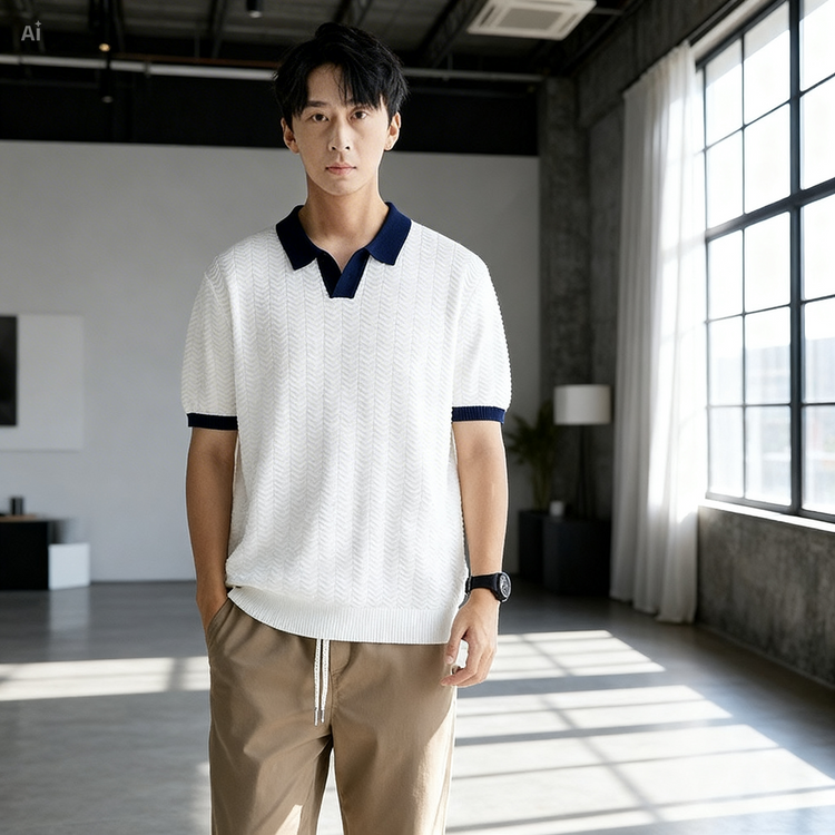 Man wearing a white sweater with navy accents and beige pants in a modern room.