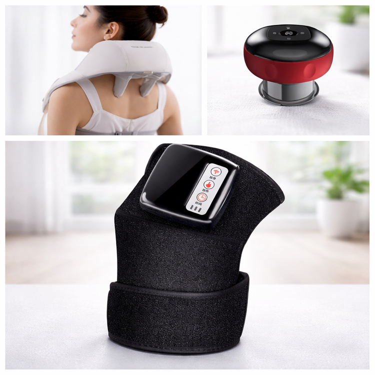 Massage device with remote control on a white surface, surrounded by other product images.