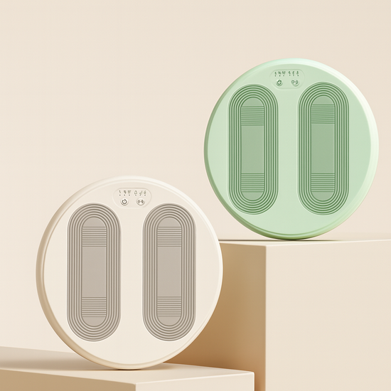 Massage foot warmer with text on a beige background