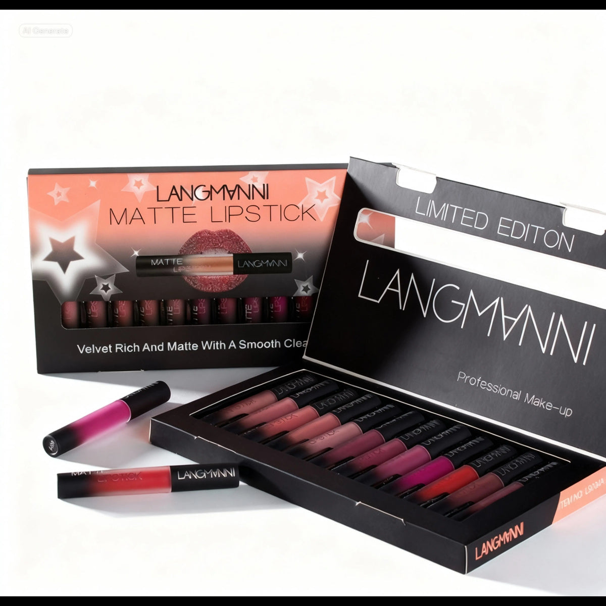 Set of beauty products in a black box with visible labels.