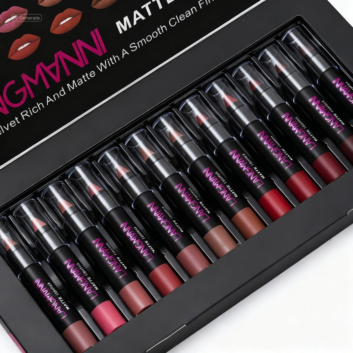 matte velvet waterproof lipstick set arranged in black tray with twelve matte lipsticks in different shades