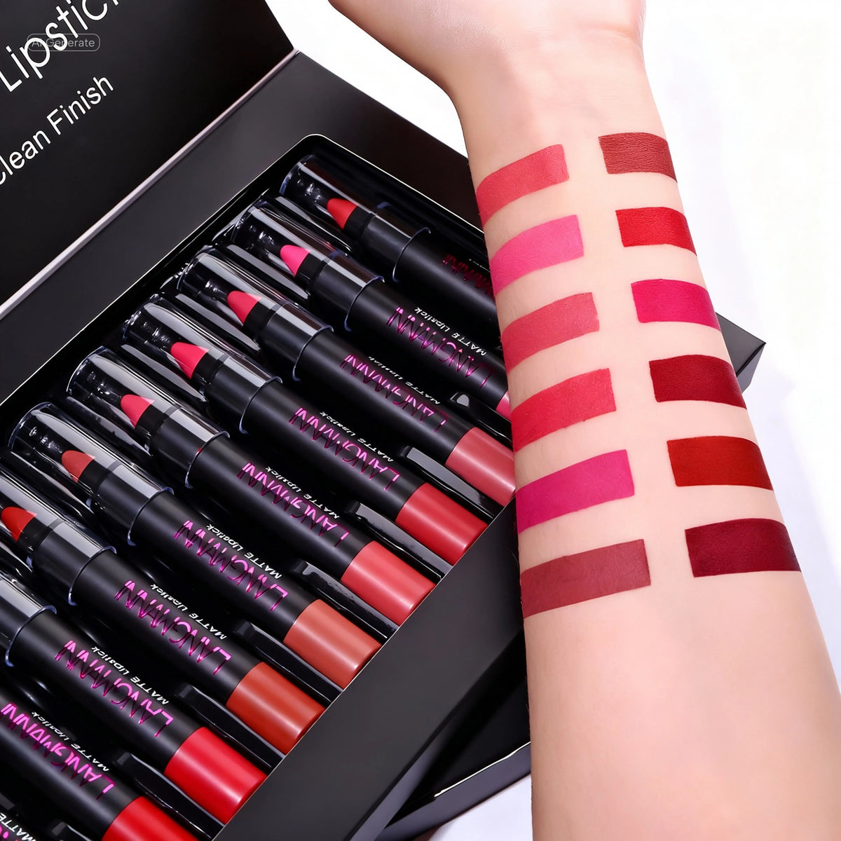 matte velvet waterproof lipstick set with swatches on arm displaying various shades next to open box of lipsticks