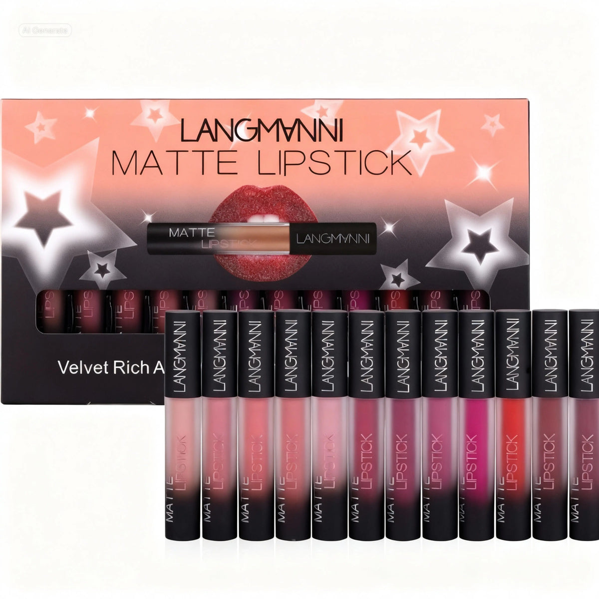 matte velvet waterproof lipstick set featuring ten liquid lipsticks in black tubes with starry pink packaging