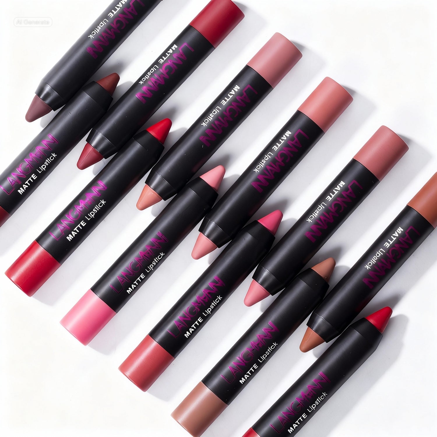 Set of MAC Matte Lipstick crayons on a white background