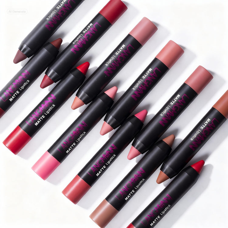 Set of MAC Matte Lipstick crayons on a white background