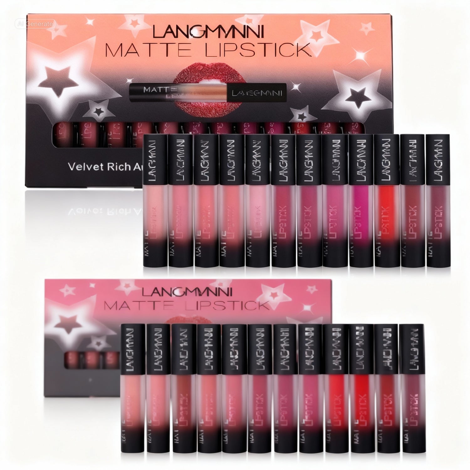 Skincare product set with various bottles and containers in a black box on a white background