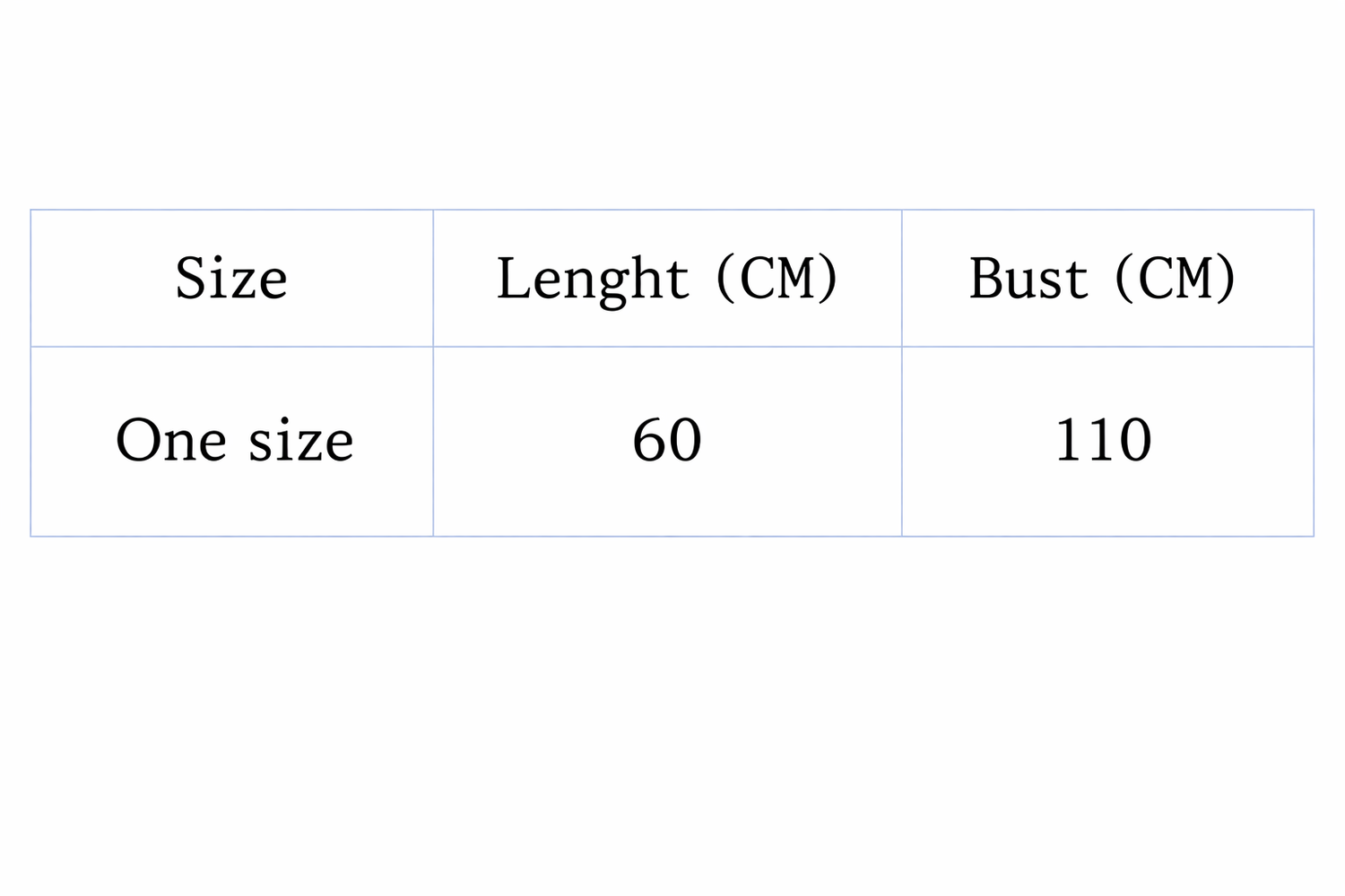 Measurement chart for a garment with size &