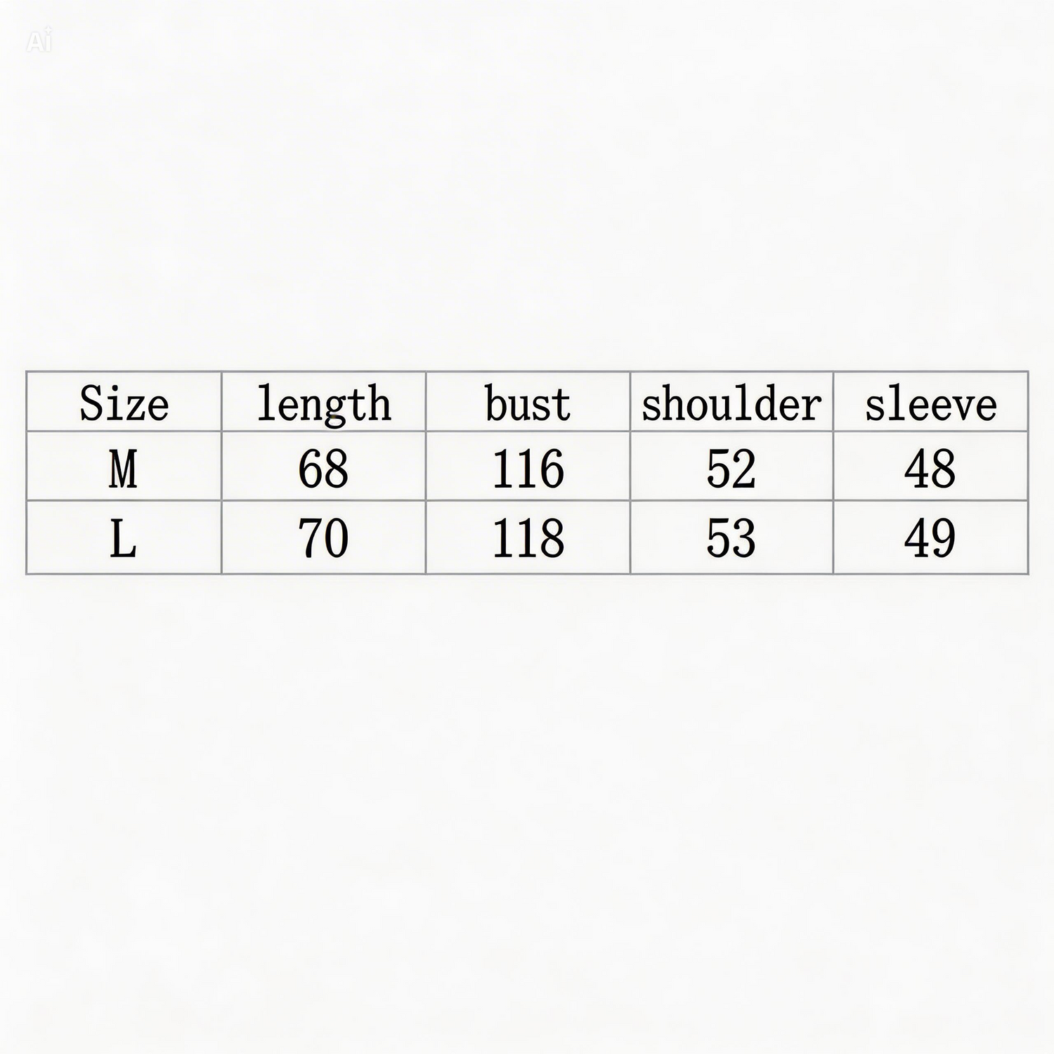 Measurement chart for clothing sizes M and L with dimensions in centimeters......