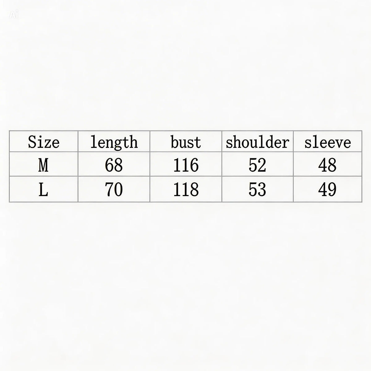 Measurement chart for clothing sizes M and L with dimensions in centimeters......