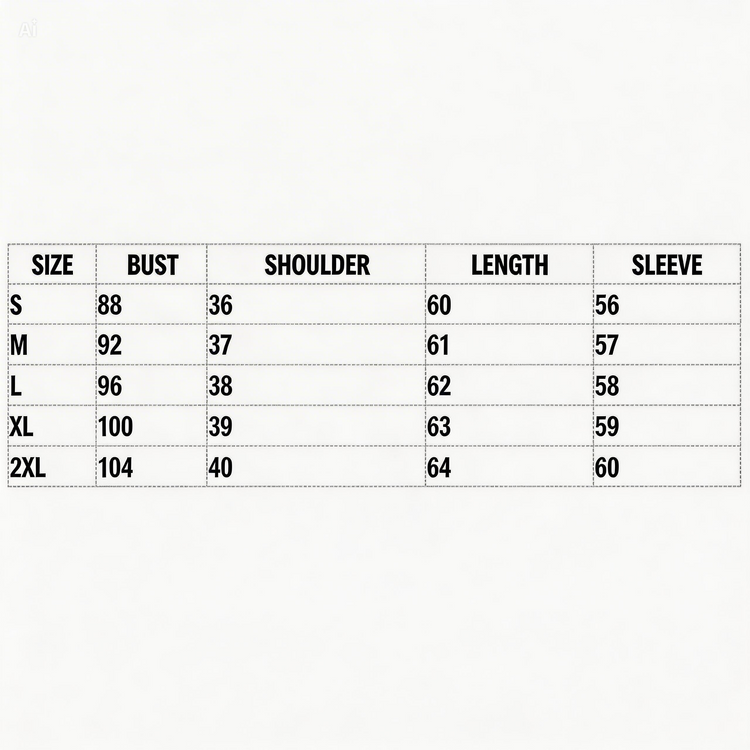 Measurement chart for clothing sizes S to 2XL with bust, shoulder, length, and sleeve dimensions.