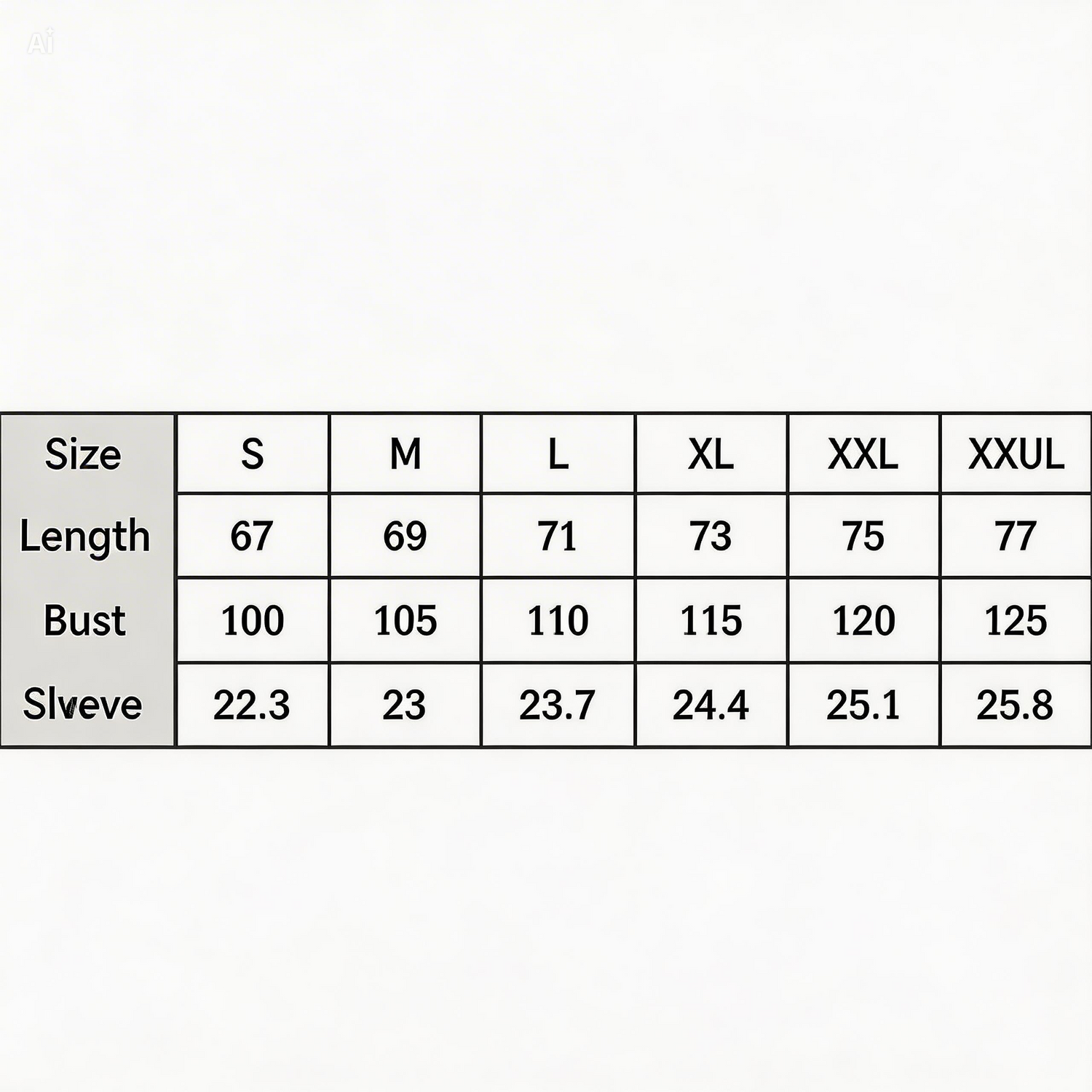 Measurement chart for clothing sizes S to XXXL with dimensions listed.