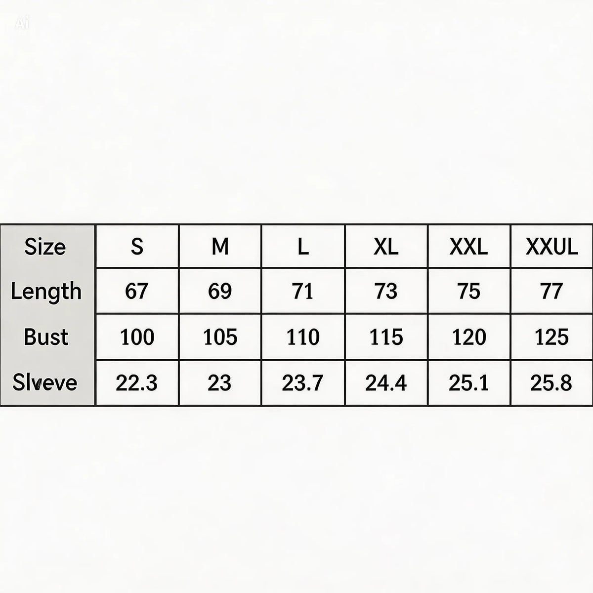 Measurement chart for clothing sizes S to XXXL with dimensions listed.