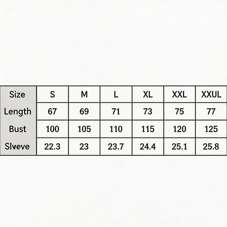 Measurement chart for clothing sizes S to XXXL with dimensions listed.