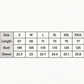 Measurement chart for clothing sizes S to XXXL with dimensions listed.