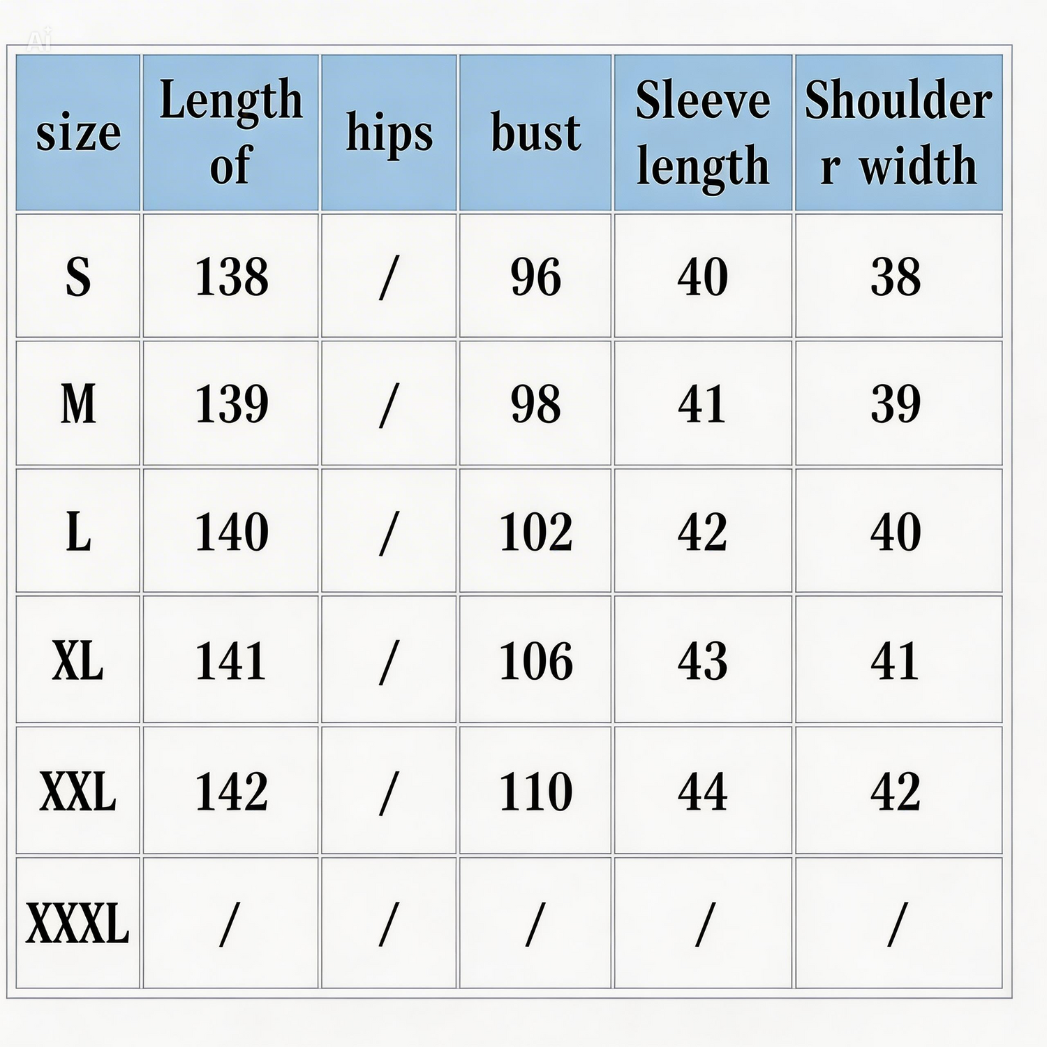 Measurement chart for clothing sizes S to XXXL with dimensions listed.