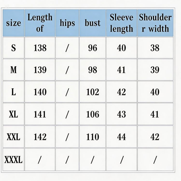 Measurement chart for clothing sizes S to XXXL with dimensions listed.