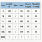 Measurement chart for clothing sizes S to XXXL with dimensions listed.