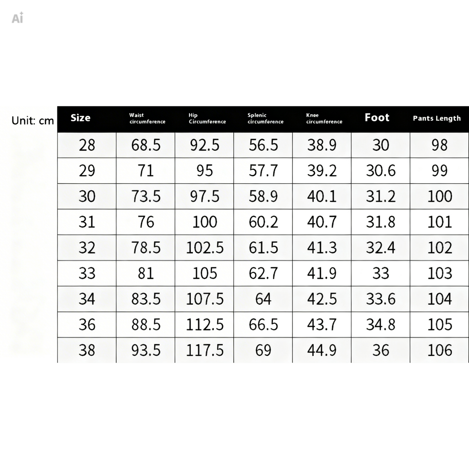 Measurement chart for clothing sizes in centimeters