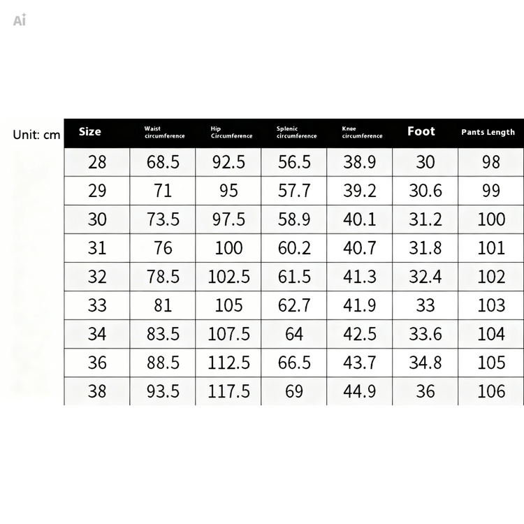 Measurement chart for clothing sizes in centimeters
