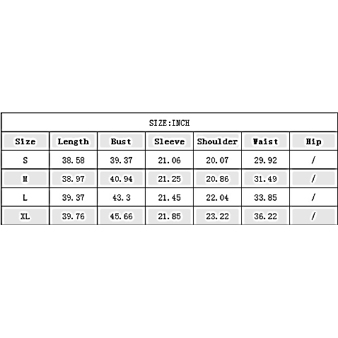 Measurement chart for clothing sizes in inches with labeled dimensions.