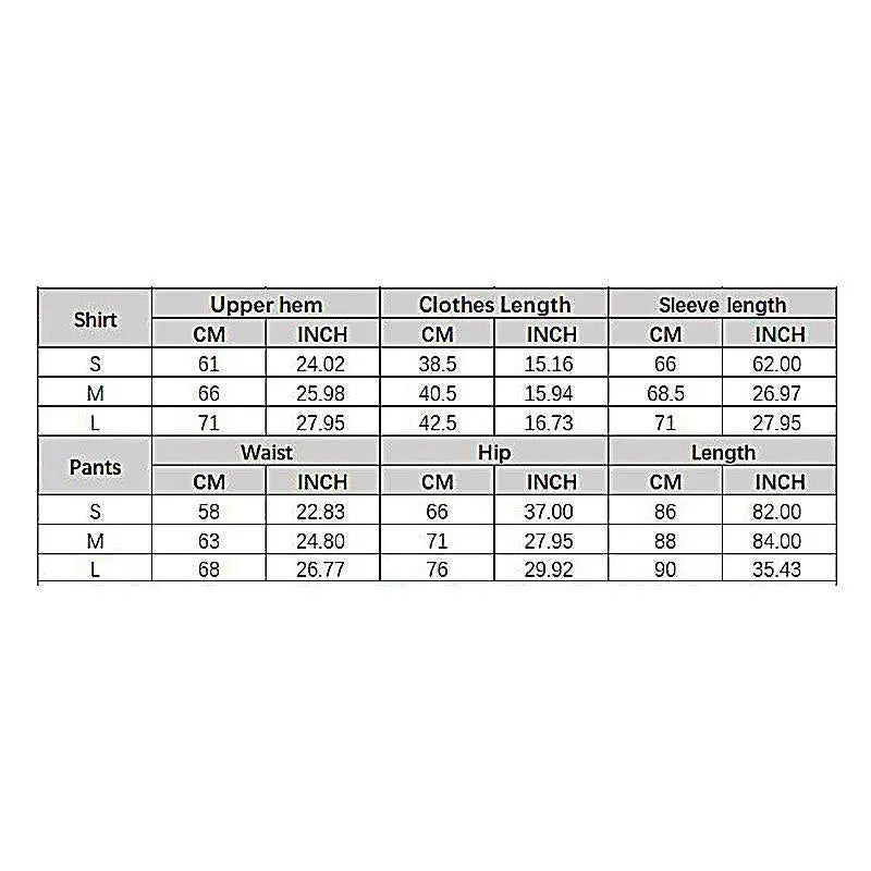 Measurement chart for shirts and pants with dimensions in centimeters and inches.