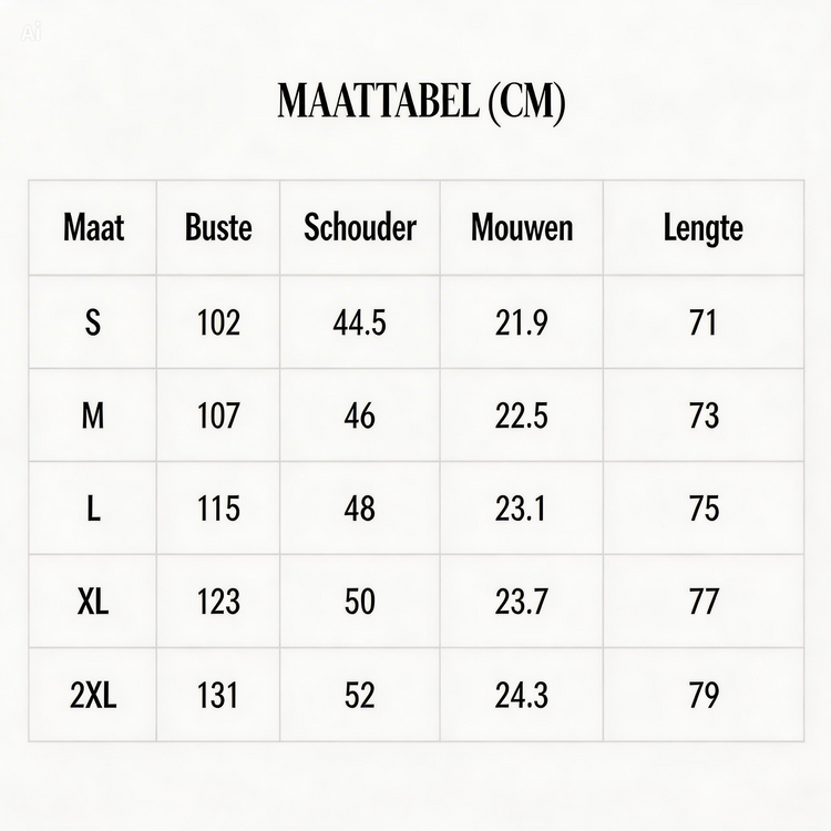 Measurement chart in centimeters for clothing sizes S to 2XL.