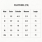 Measurement chart in centimeters for clothing sizes S to 2XL.