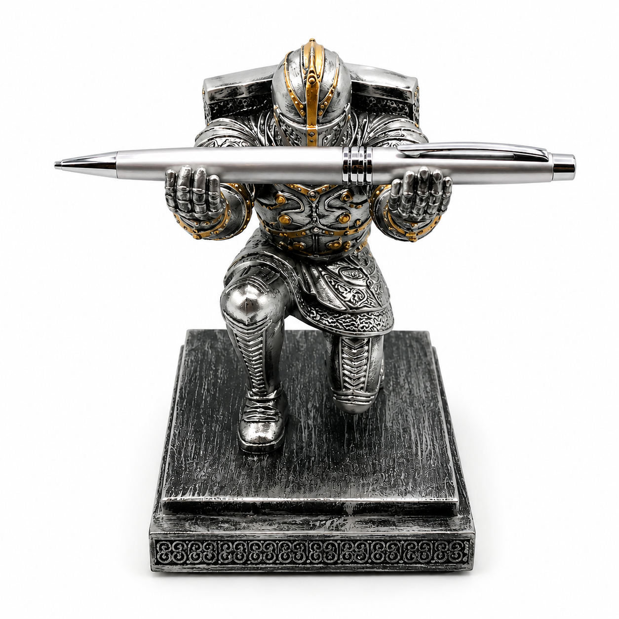 Metallic warrior figurine with a pen on a white background