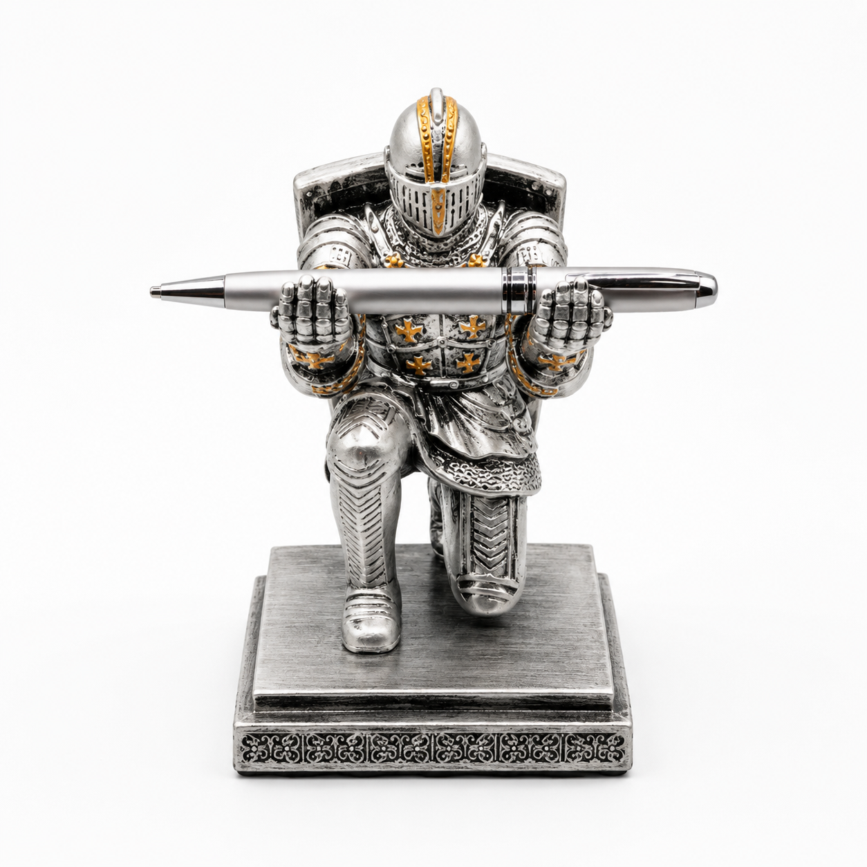 Decorative pen holder in the shape of a knight holding a sword on a white background
