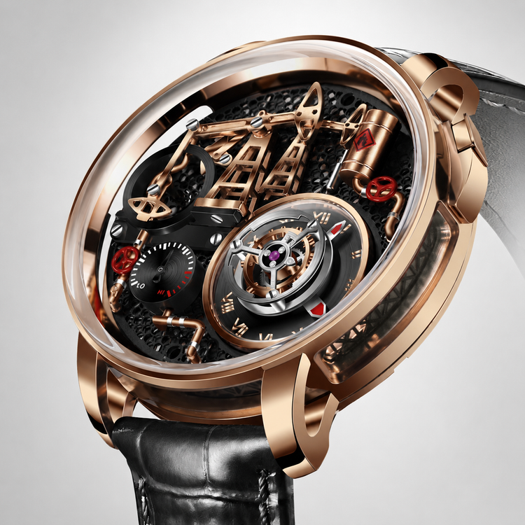 Luxury watch with intricate mechanical design on a light gray background