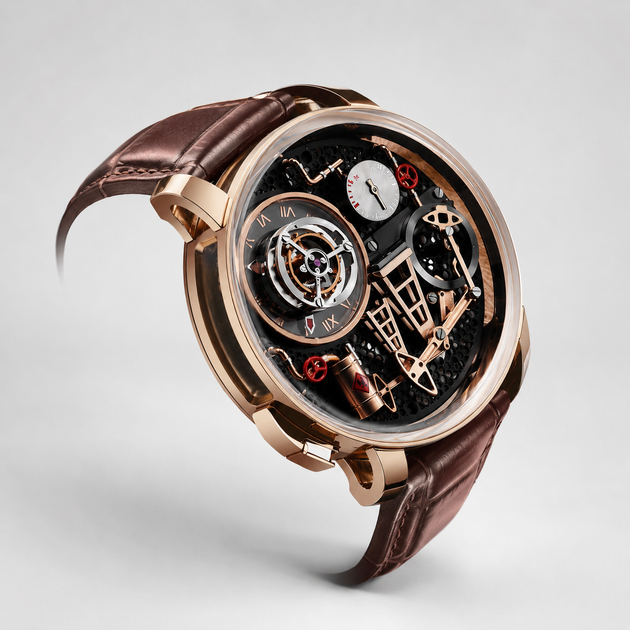 Luxury watch with brown leather strap and intricate face on a light gray background