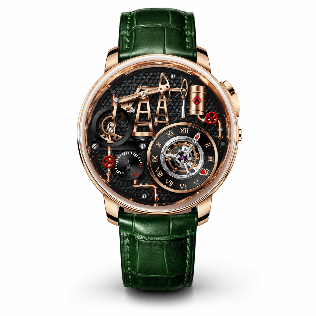 Luxury watch with green strap and intricate design on a white background