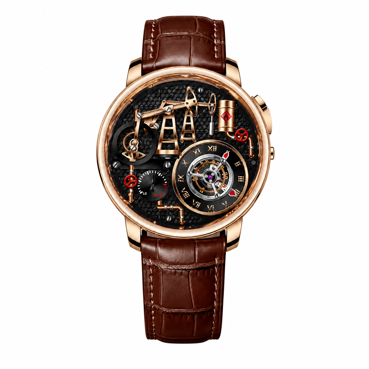 Luxury watch with intricate design and brown leather strap on white background