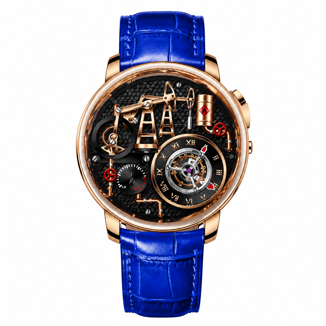 Luxury watch with blue strap and intricate design on a white background
