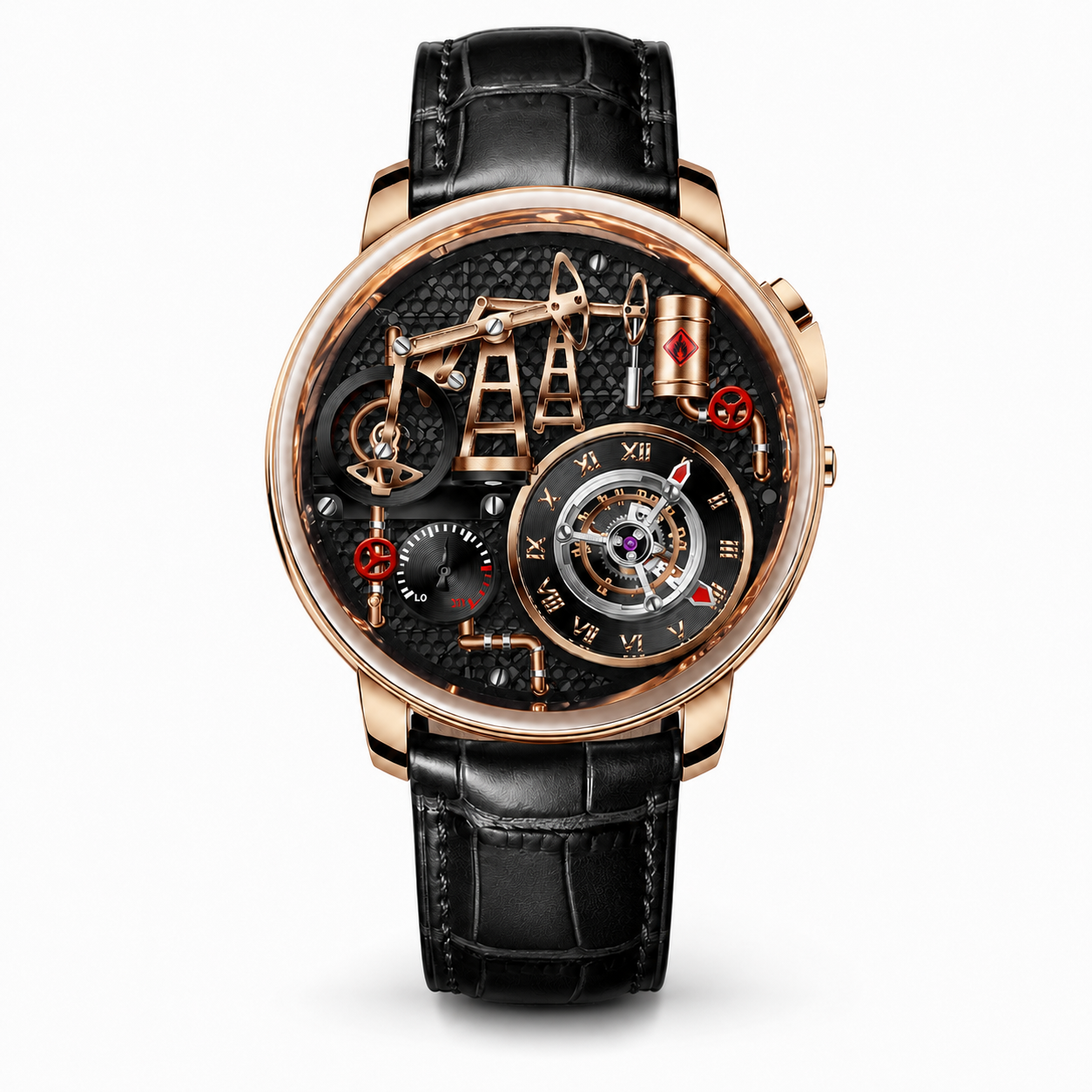 Luxury watch with intricate design and black leather strap on white background