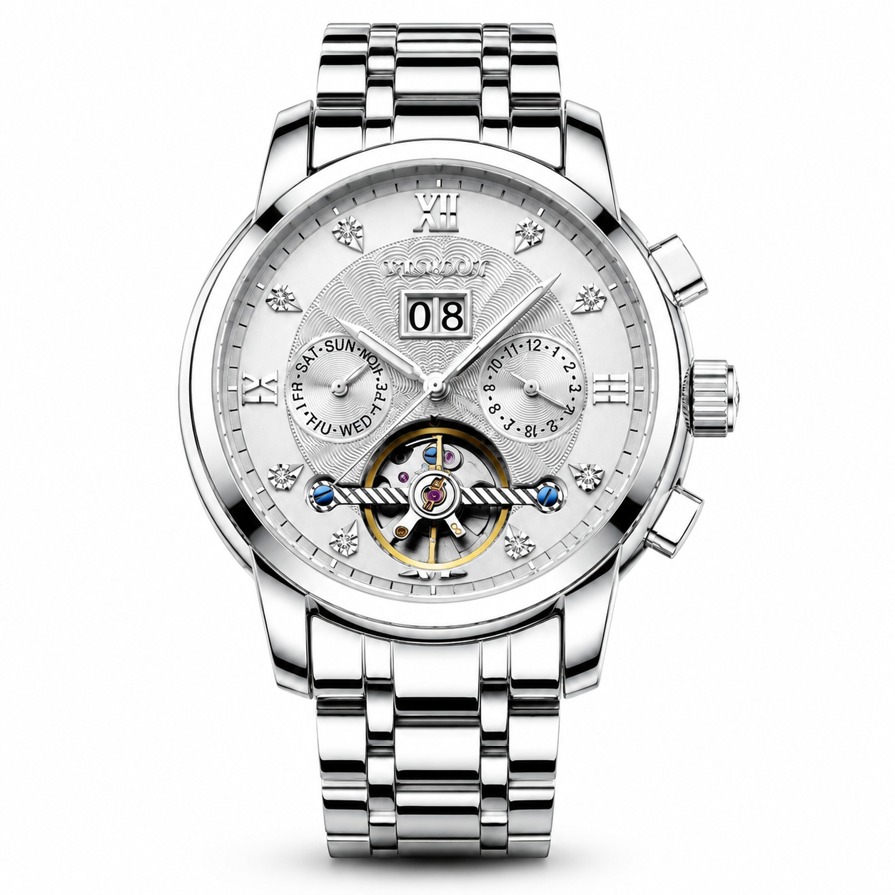 Silver wristwatch with detailed face on a white background