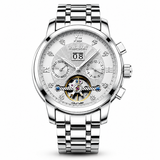 Silver wristwatch with detailed face on a white background