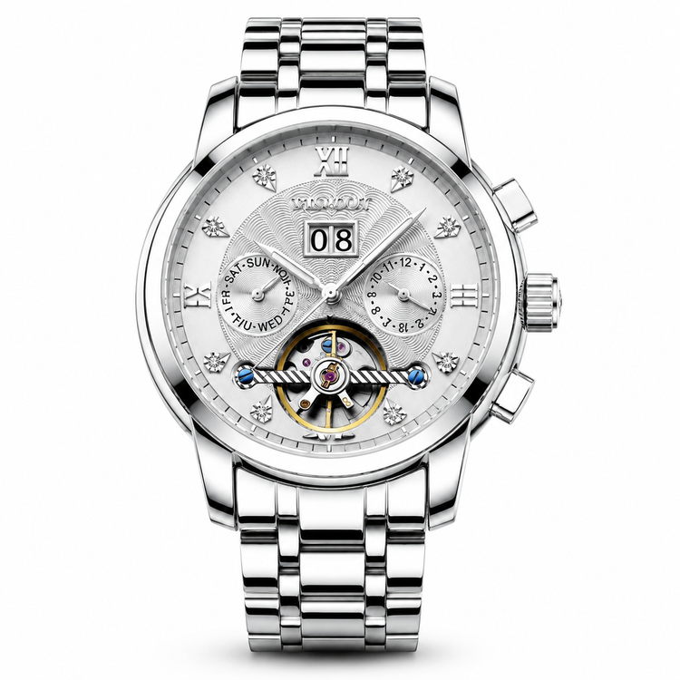 Silver wristwatch with detailed face on a white background