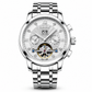 Silver wristwatch with detailed face on a white background