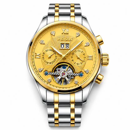 Luxury gold and silver watch with detailed face on a white background