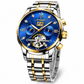 Luxury watch with blue dial and silver and gold band on white background