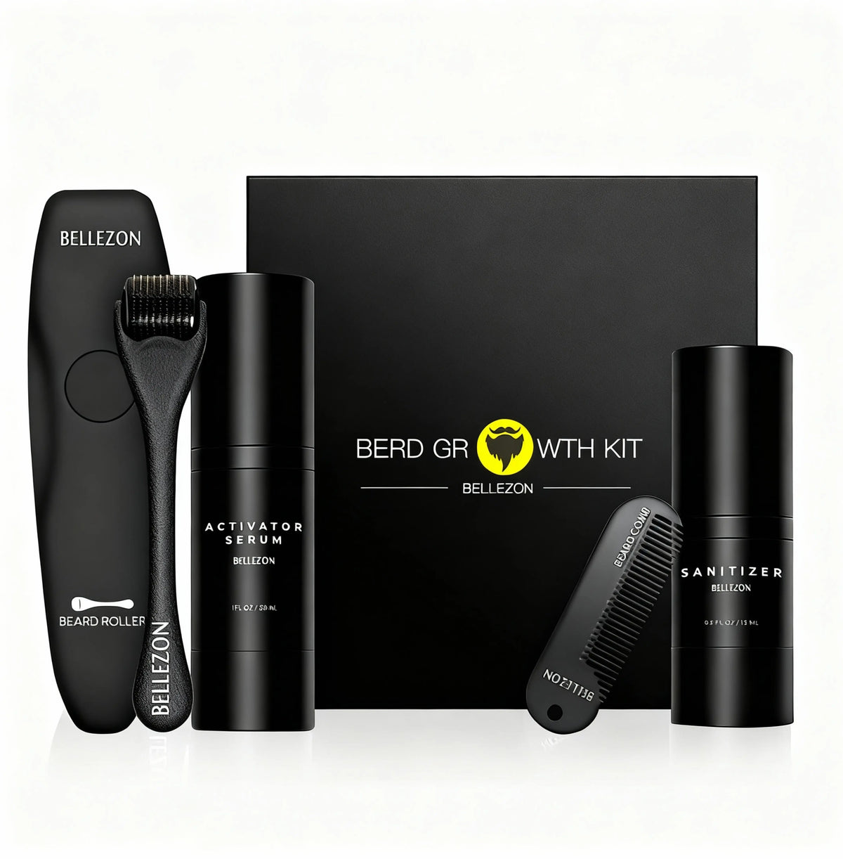 beard growth kit includes black roller, activator serum, sanitizer, comb, and black packaging box