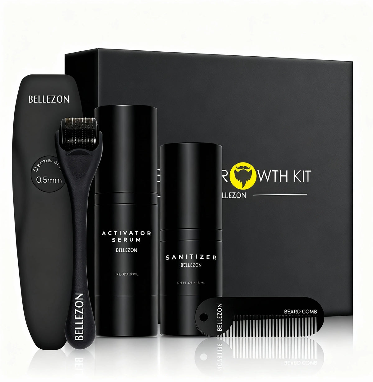 beard growth kit with black micro-needle roller, activator serum, sanitizer, comb, and black box